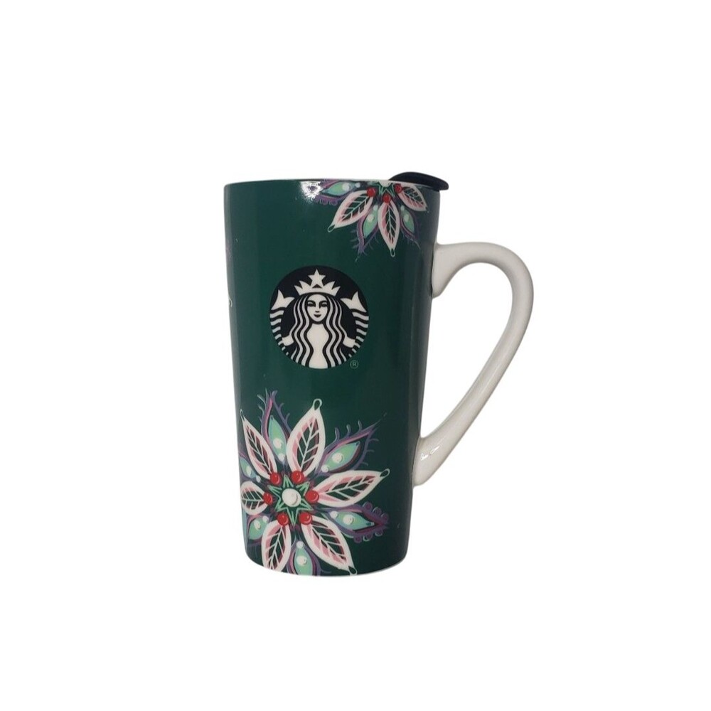 Starbucks Mug Tumbler Green Floral 14oz 2020 Ceramic Travel Cup Lid Holiday Art